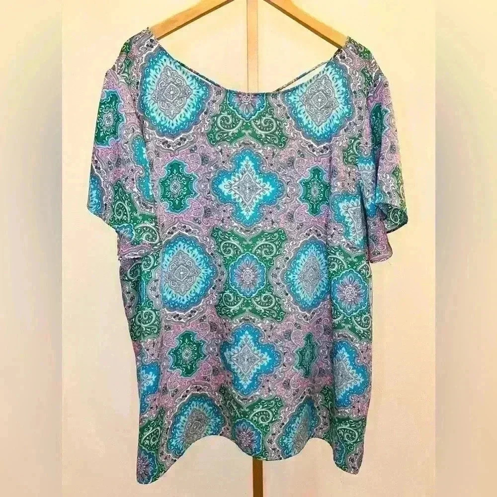 Talbots Women's 3X Multicolor Paisley Blouse Boat Neck Short Sleeve